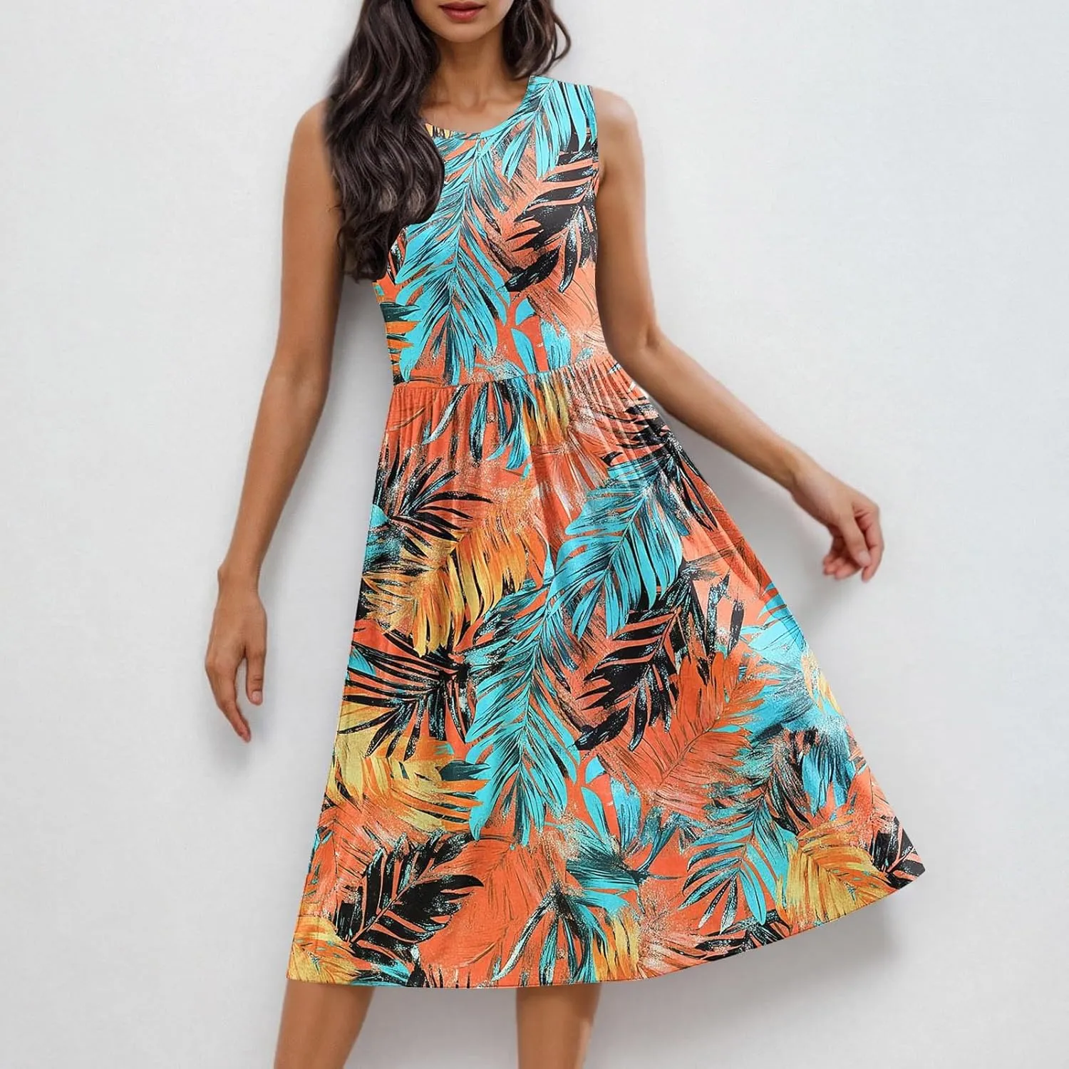 Women Patchwork Casual Dresses Fashion Floral Printed Skirt Summer Round Neck Sleeveless Pleated Beach Dress