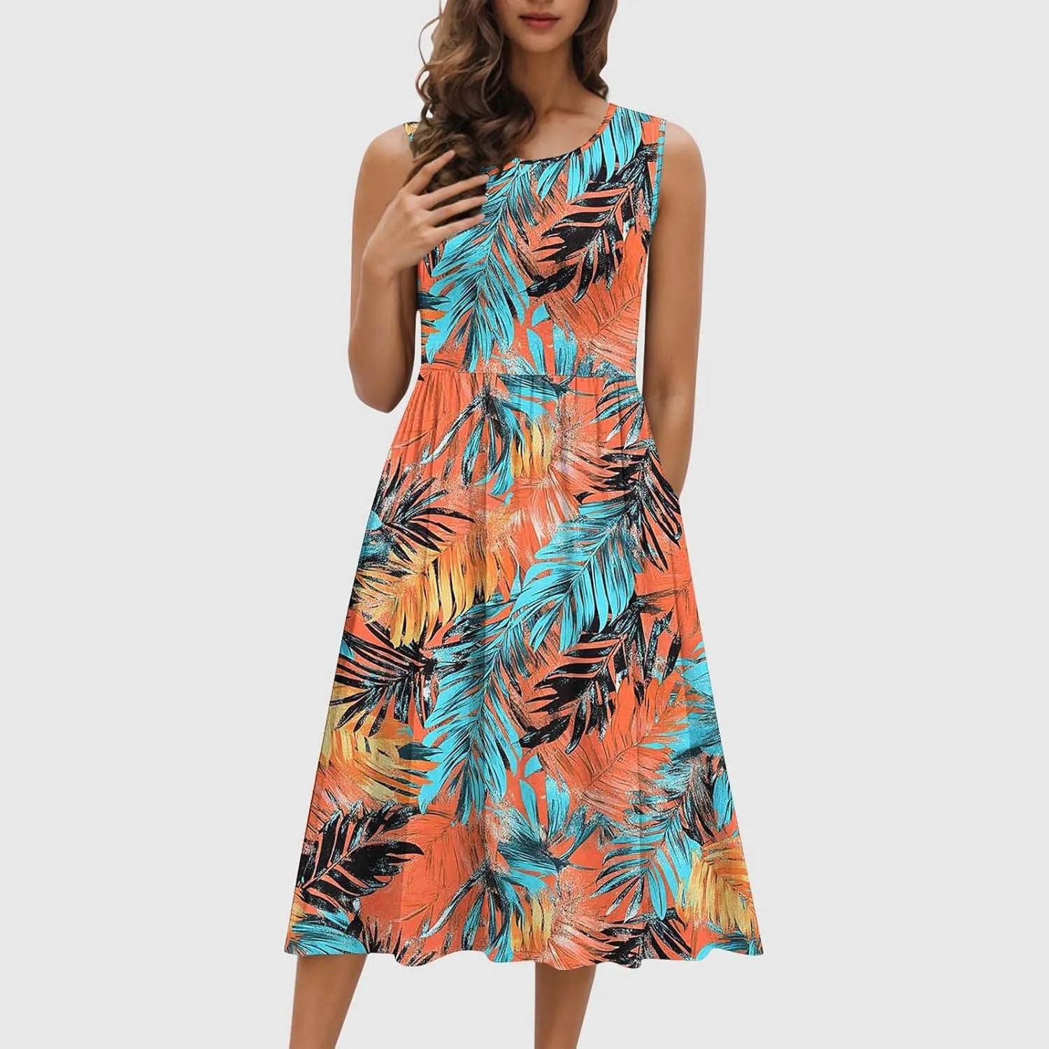 Women Patchwork Casual Dresses Fashion Floral Printed Skirt Summer Round Neck Sleeveless Pleated Beach Dress