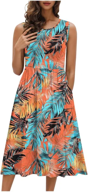 Women Patchwork Casual Dresses Fashion Floral Printed Skirt Summer Round Neck Sleeveless Pleated Beach Dress