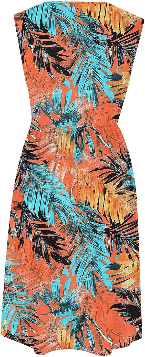Women Patchwork Casual Dresses Fashion Floral Printed Skirt Summer Round Neck Sleeveless Pleated Beach Dress