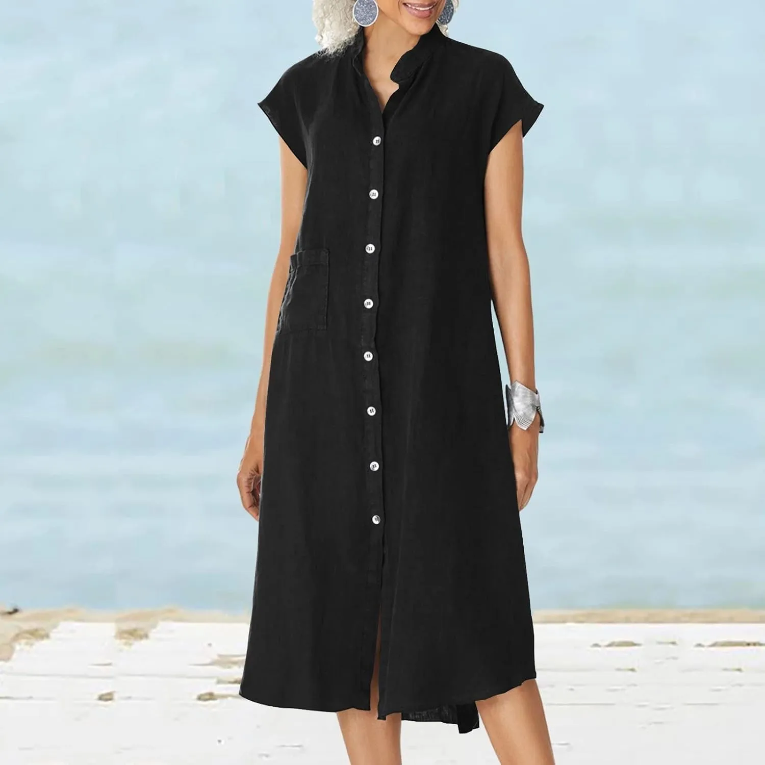 Women Solid Short Sleeve Dress for Women Summer Button Down Shirt Dresses Short Sleeve Turndown Pocketed Fit
