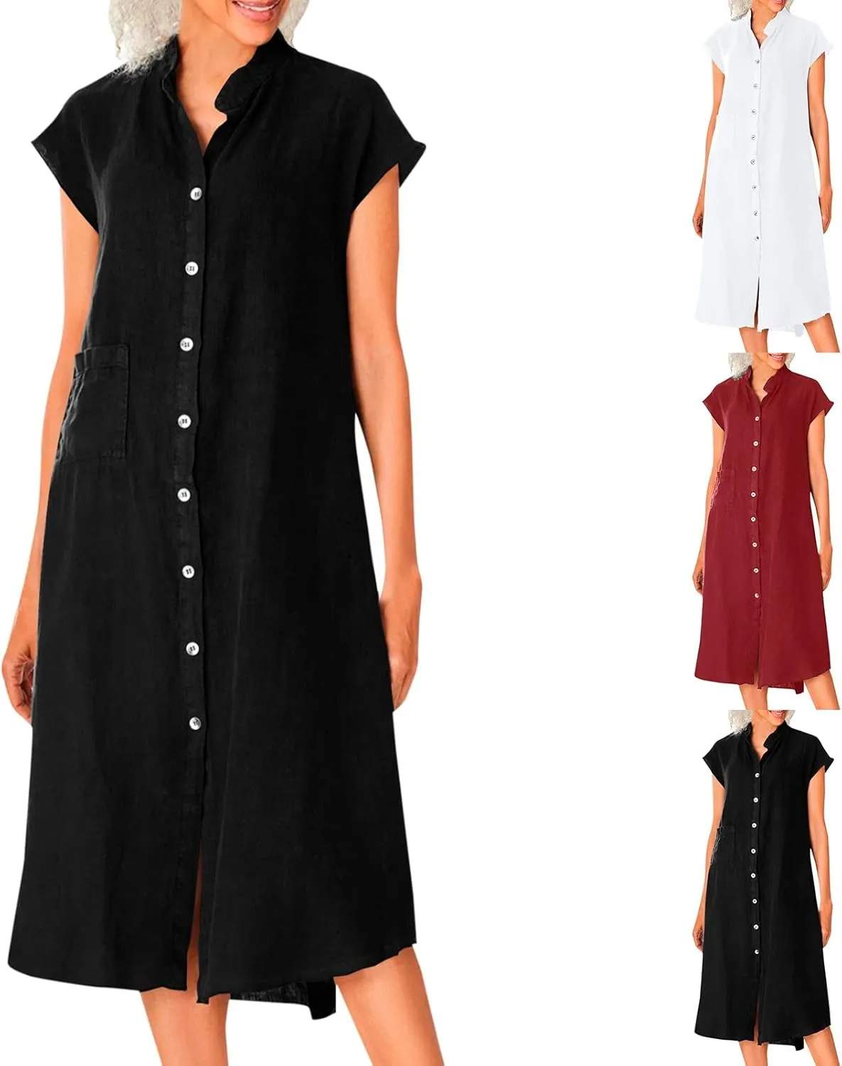 Women Solid Short Sleeve Dress for Women Summer Button Down Shirt Dresses Short Sleeve Turndown Pocketed Fit