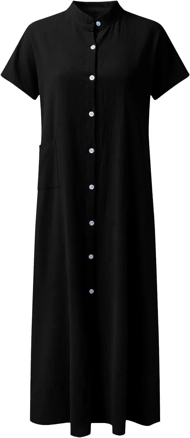 Women Solid Short Sleeve Dress for Women Summer Button Down Shirt Dresses Short Sleeve Turndown Pocketed Fit