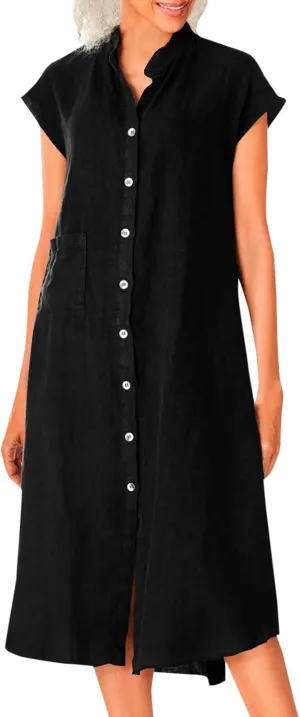 Women Solid Short Sleeve Dress for Women Summer Button Down Shirt Dresses Short Sleeve Turndown Pocketed Fit