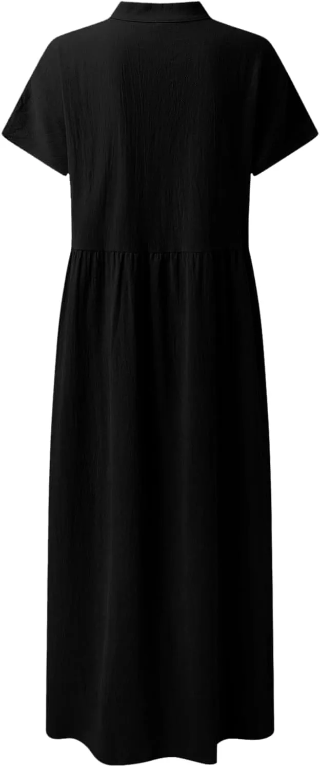 Women Solid Short Sleeve Dress for Women Summer Button Down Shirt Dresses Short Sleeve Turndown Pocketed Fit