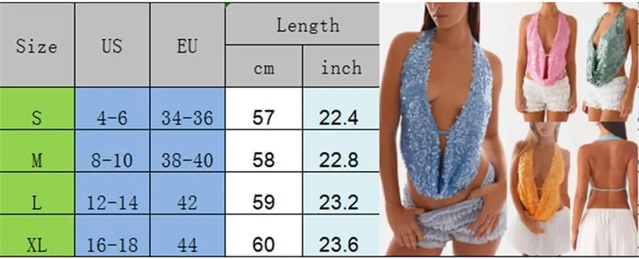 Women Sparkly Sequins Tank Tops Y2k Glitter Backless Halter Neck Vests Summer Sleeveless Tops Streetwear