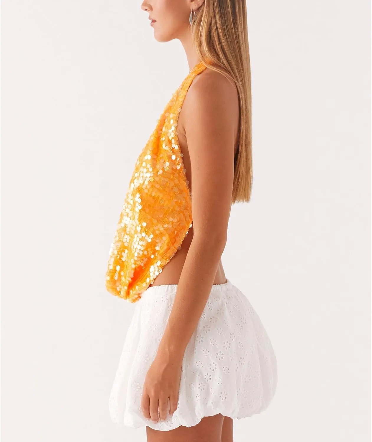 Women Sparkly Sequins Tank Tops Y2k Glitter Backless Halter Neck Vests Summer Sleeveless Tops Streetwear