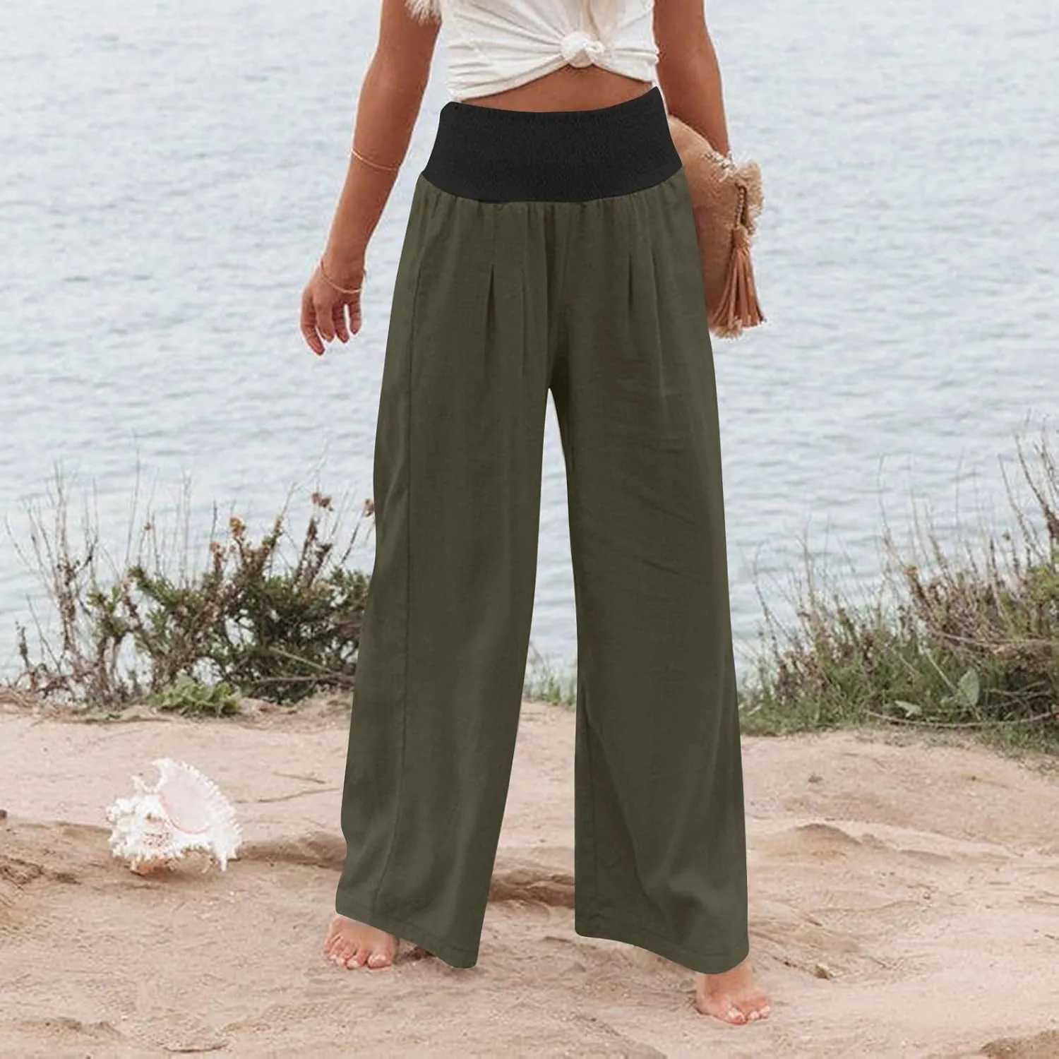Women Summer High Waisted Cotton Linen Palazzo Pants High Waisted Wide Leg Pants Boho Lounge Trousers with Pocket