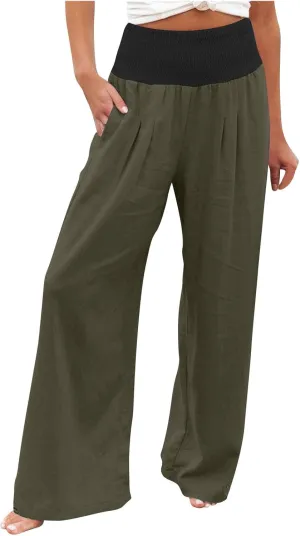 Women Summer High Waisted Cotton Linen Palazzo Pants High Waisted Wide Leg Pants Boho Lounge Trousers with Pocket