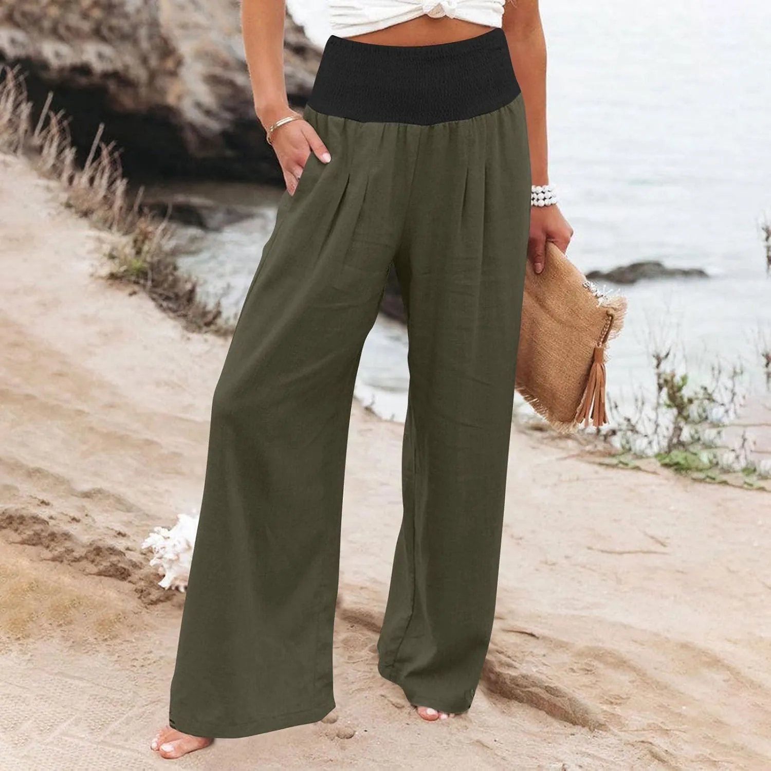 Women Summer High Waisted Cotton Linen Palazzo Pants High Waisted Wide Leg Pants Boho Lounge Trousers with Pocket