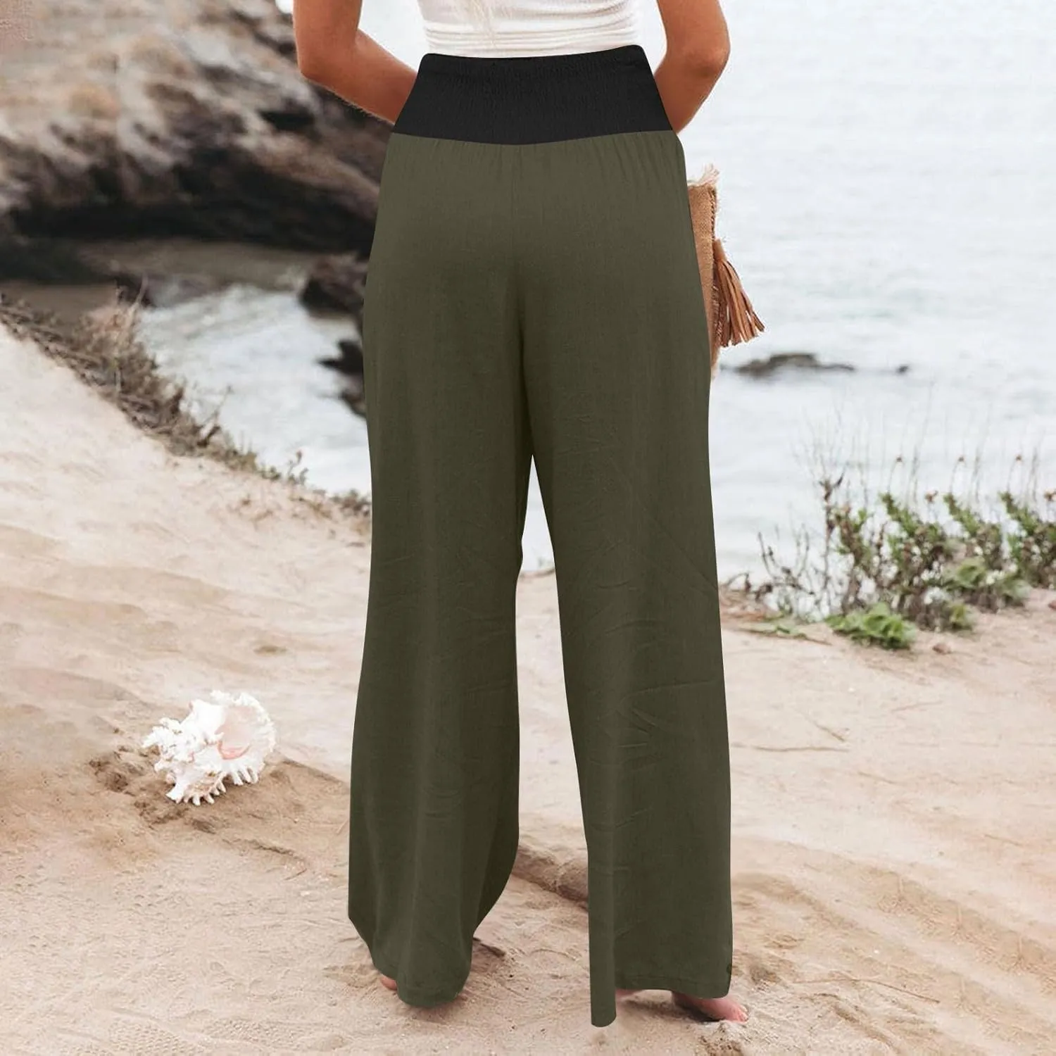 Women Summer High Waisted Cotton Linen Palazzo Pants High Waisted Wide Leg Pants Boho Lounge Trousers with Pocket
