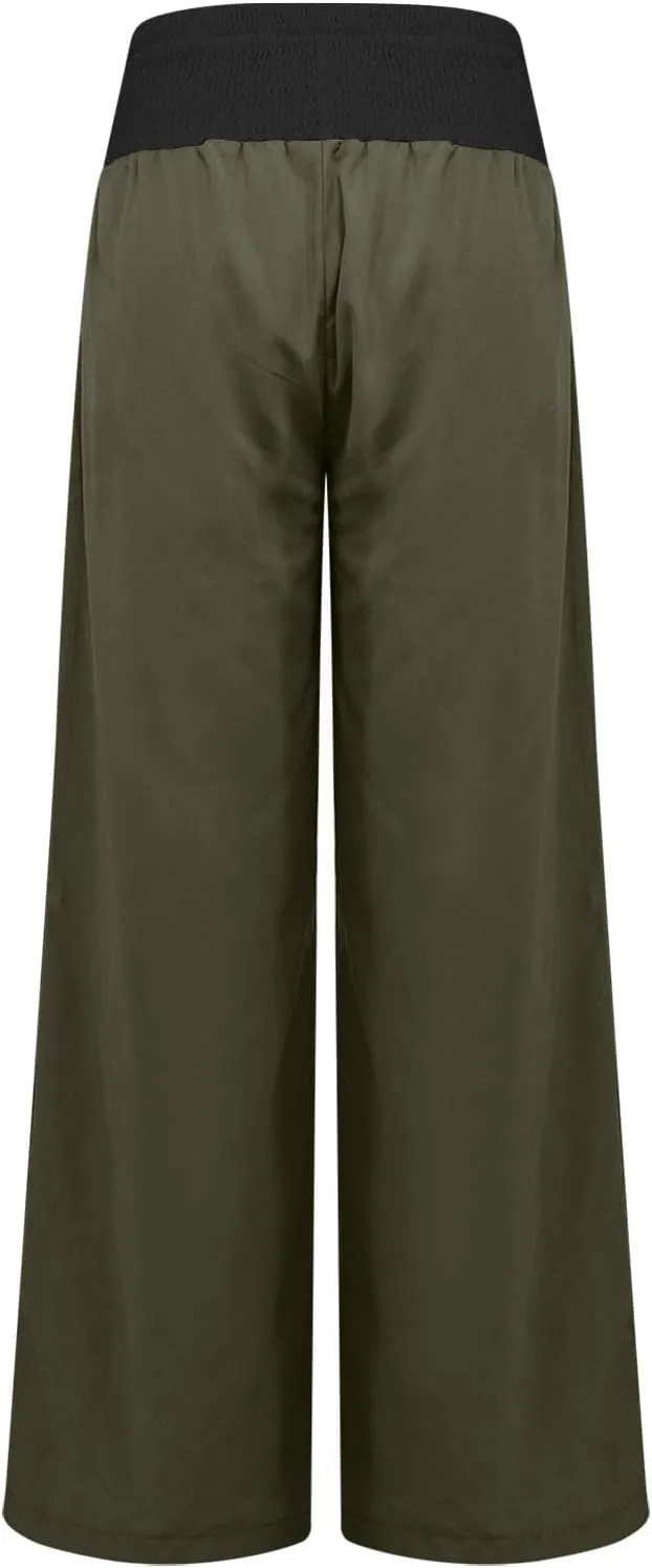 Women Summer High Waisted Cotton Linen Palazzo Pants High Waisted Wide Leg Pants Boho Lounge Trousers with Pocket