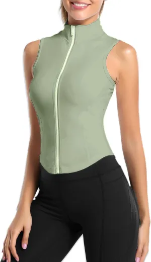 Women Summer Lightweight Cropped Athletic Zip Up Sleeveless Jackets Workout Gym Seamless Vests