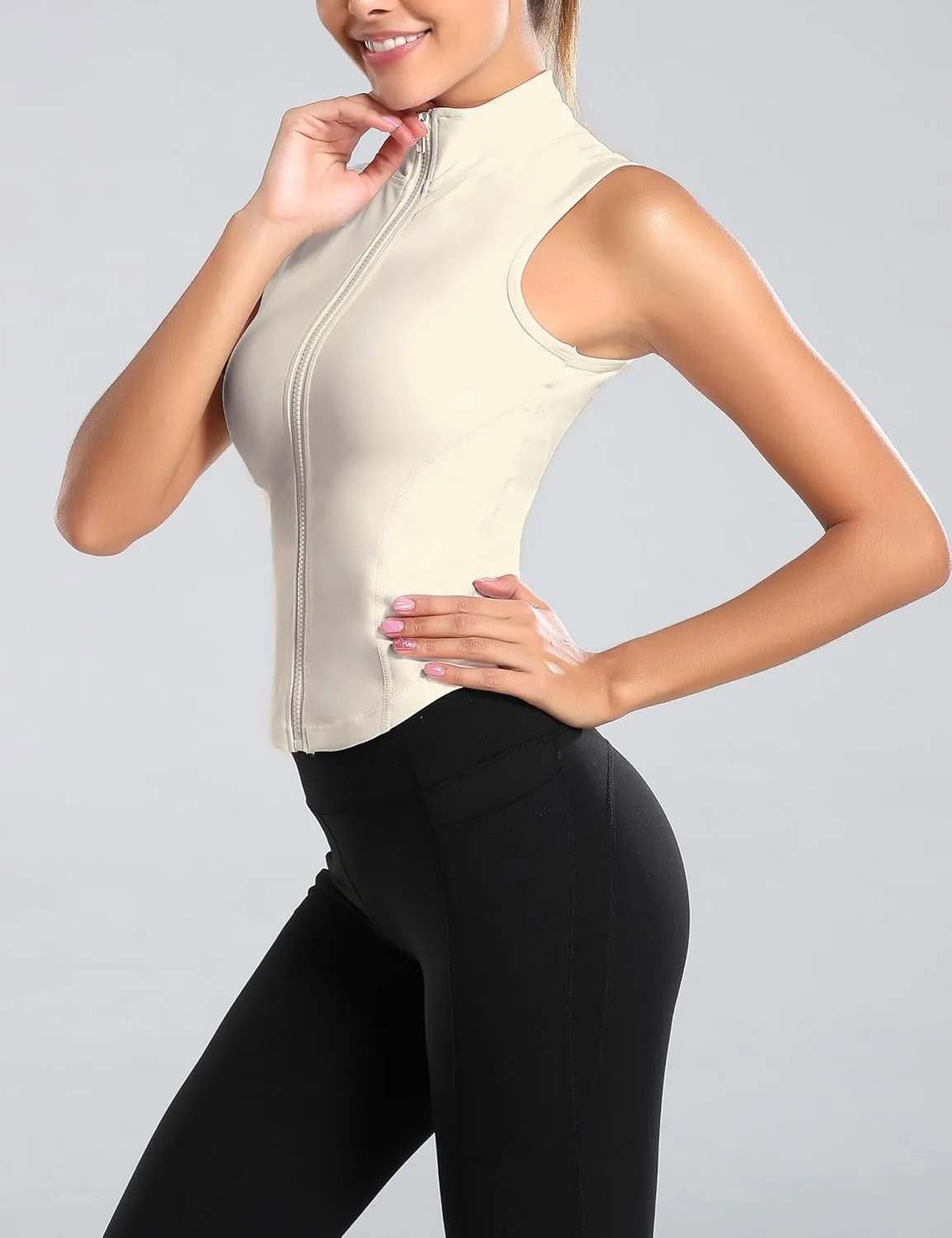 Women Summer Lightweight Cropped Athletic Zip Up Sleeveless Jackets Workout Gym Seamless Vests