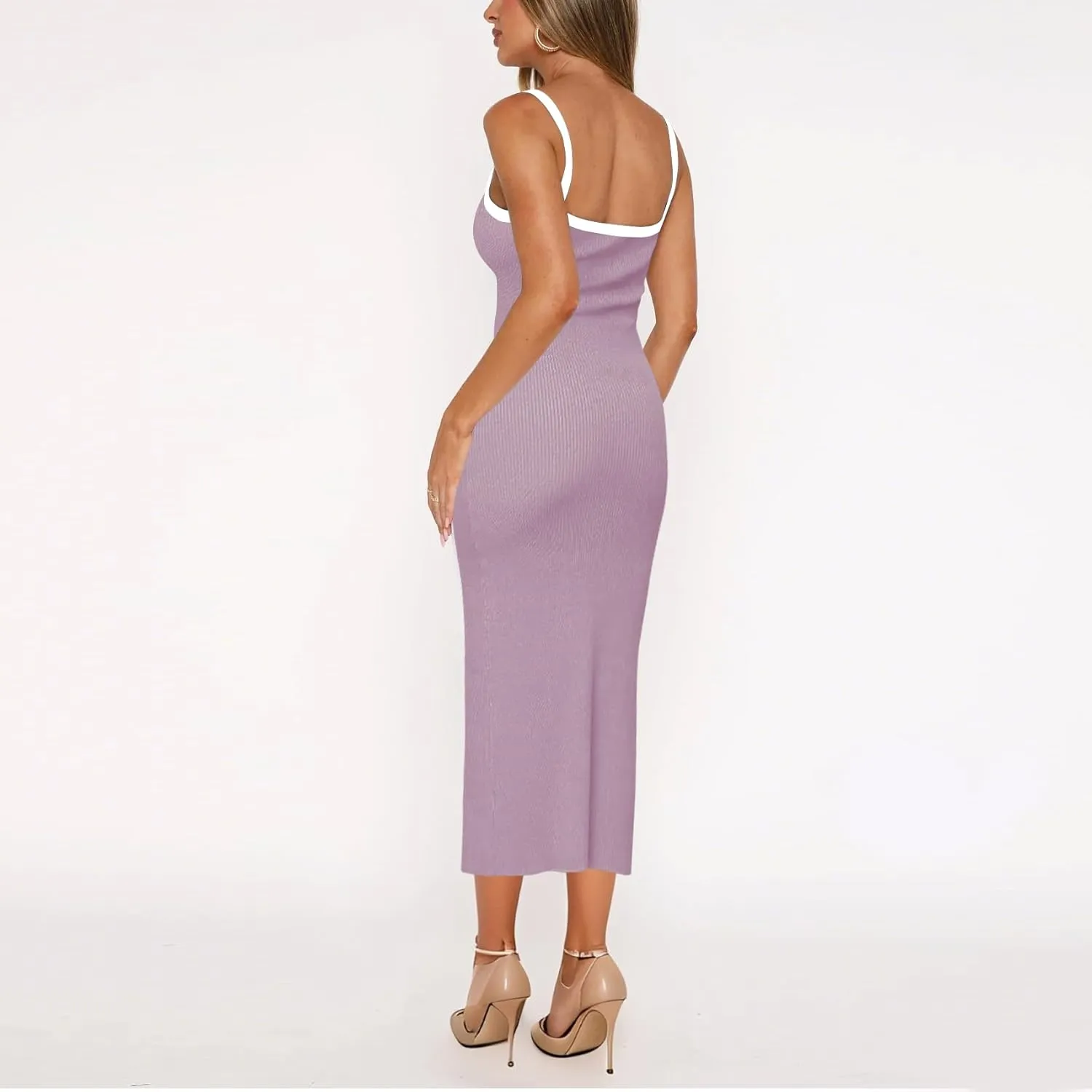 Women Summer Ribbed Knit Dress,Square Spring Sleeveless Bodycon Vacation Long Fitted Beach Casual Sundress