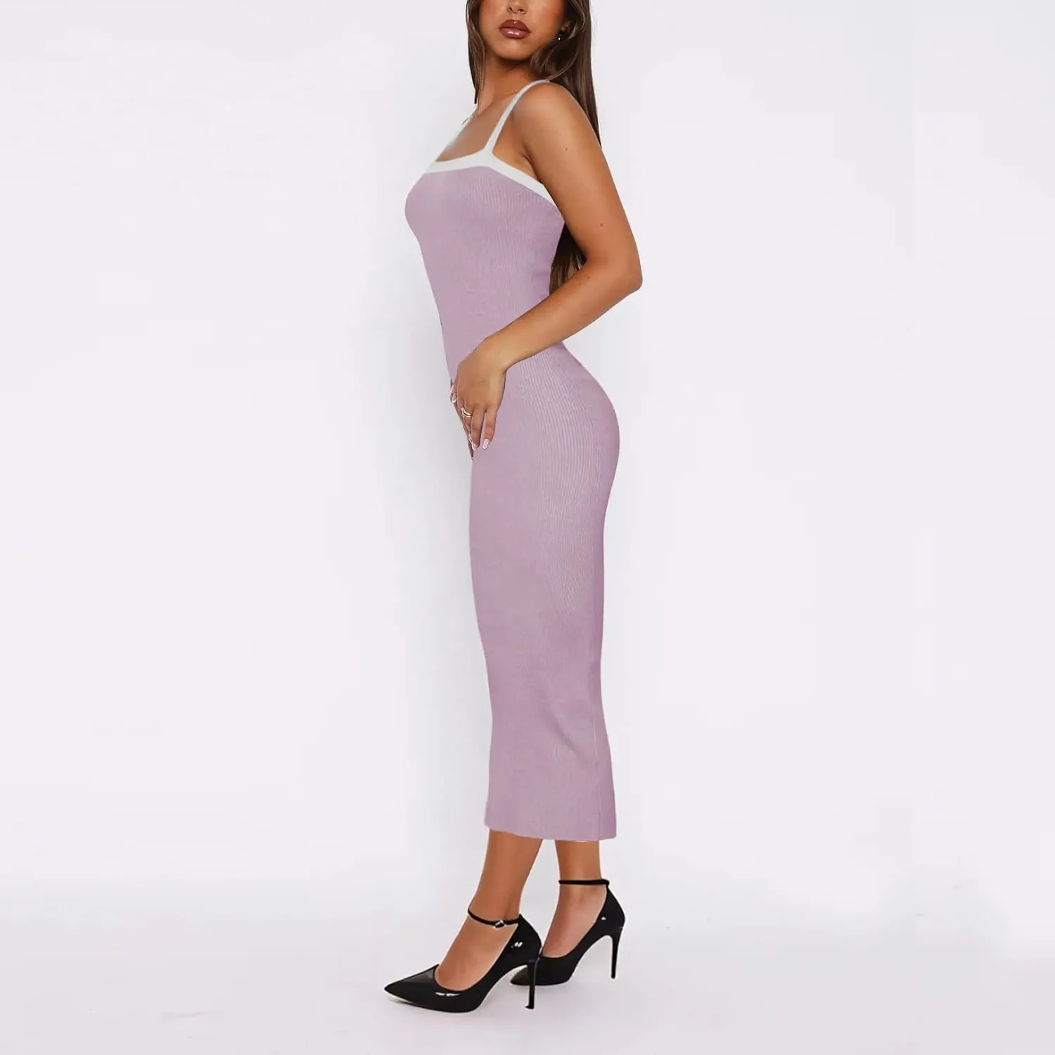 Women Summer Ribbed Knit Dress,Square Spring Sleeveless Bodycon Vacation Long Fitted Beach Casual Sundress