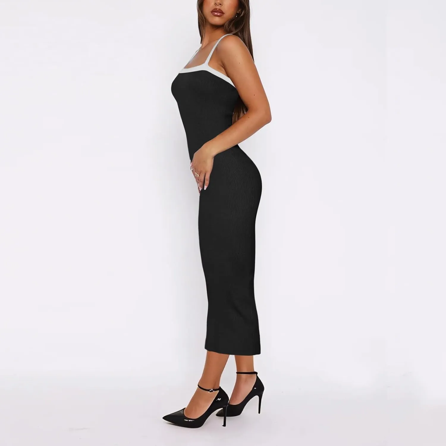 Women Summer Ribbed Knit Dress,Square Spring Sleeveless Bodycon Vacation Long Fitted Beach Casual Sundress