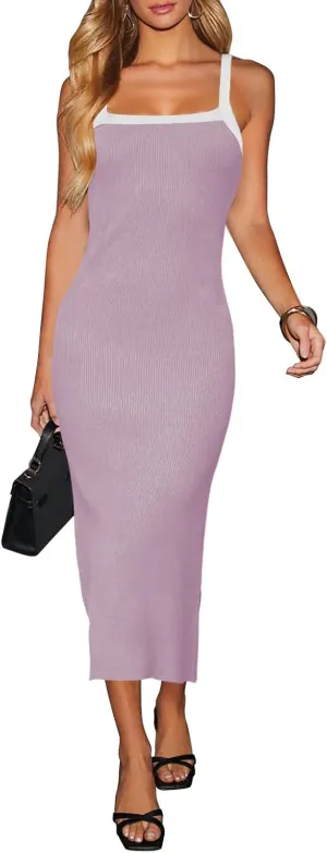 Women Summer Ribbed Knit Dress,Square Spring Sleeveless Bodycon Vacation Long Fitted Beach Casual Sundress
