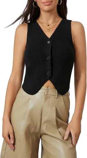 Women Y2k Crochet Vest Top Vintage Solid Color V Neck Sleeveless Button Down Crop Tops Streetwear