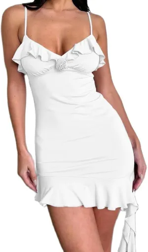 Women Y2K Sexy Spaghetti Strap Floral Ruffle Trim Mini Dress Summer V Neck Backless Solid Bodycon Cami Dresses