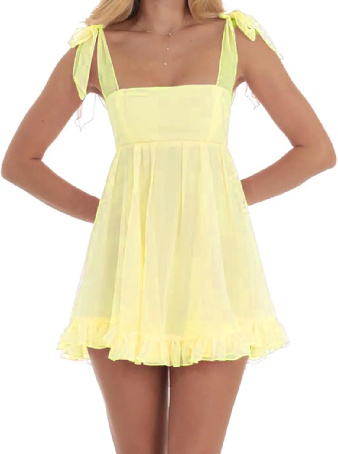 Women Y2K Tie Shoulder Mini Dress Sleeveless Backless Ruffle Short Babydoll Dress Summer Flowy Beach A Line Dresses