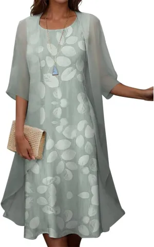 Womens 2 Piece Set Floral Print Midi Dress with Cardigan Chiffon Sleeveless Plus Size Wedding Guest Dresses