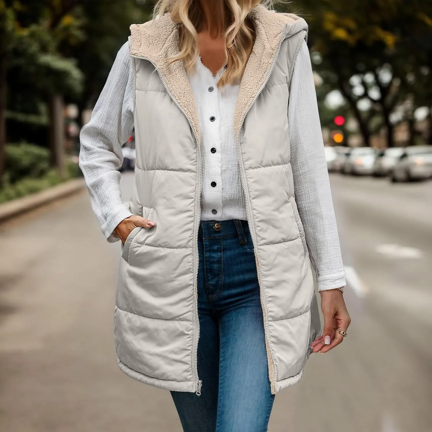 Womens 2024 Fall Fashion Reversible Vest Casual Sleeveless Lined Fleece Jacket Gilet Long Zip Up Warm Coat with Pocket