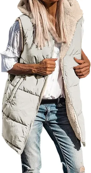 Womens 2024 Fall Fashion Reversible Vest Casual Sleeveless Lined Fleece Jacket Gilet Long Zip Up Warm Coat with Pocket