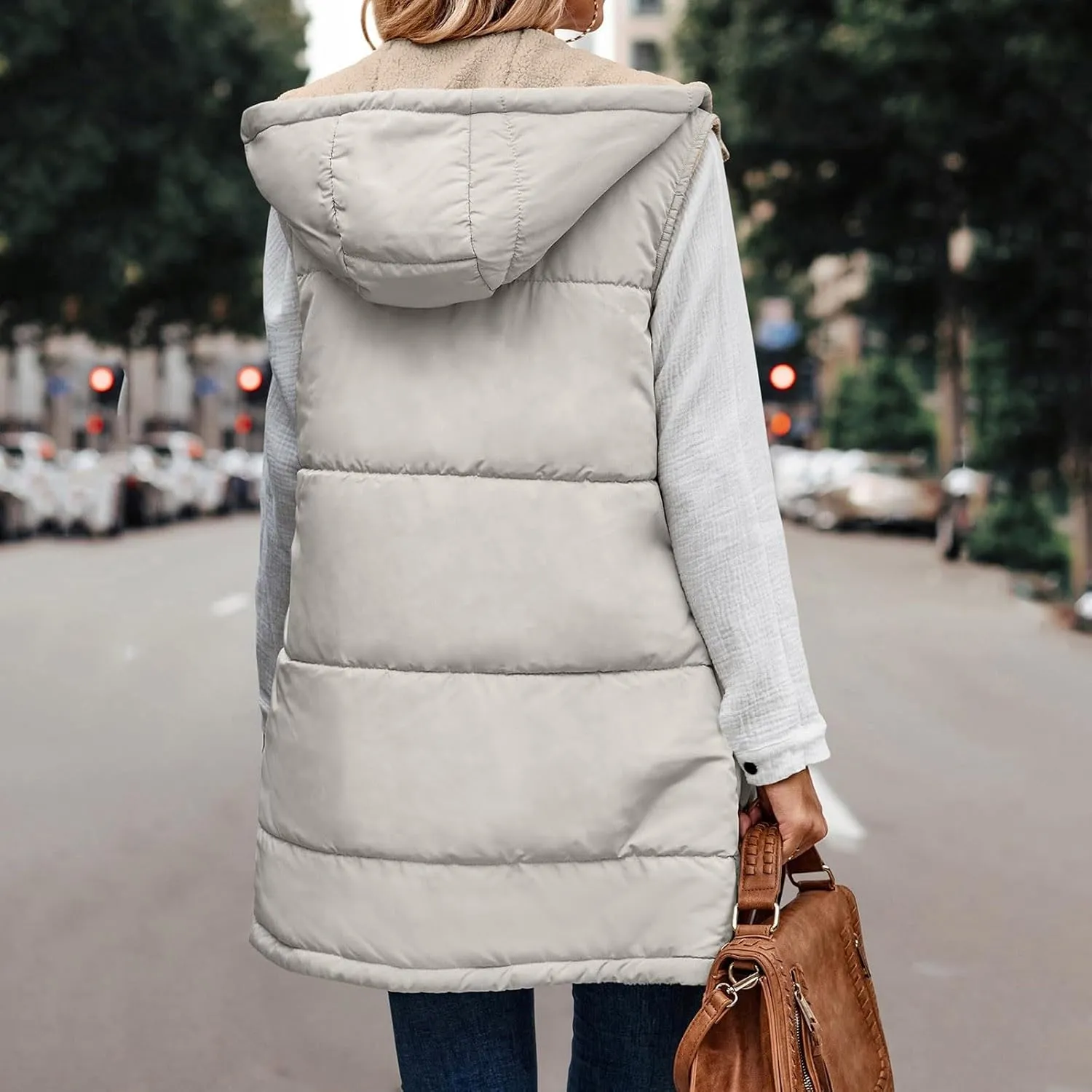 Womens 2024 Fall Fashion Reversible Vest Casual Sleeveless Lined Fleece Jacket Gilet Long Zip Up Warm Coat with Pocket