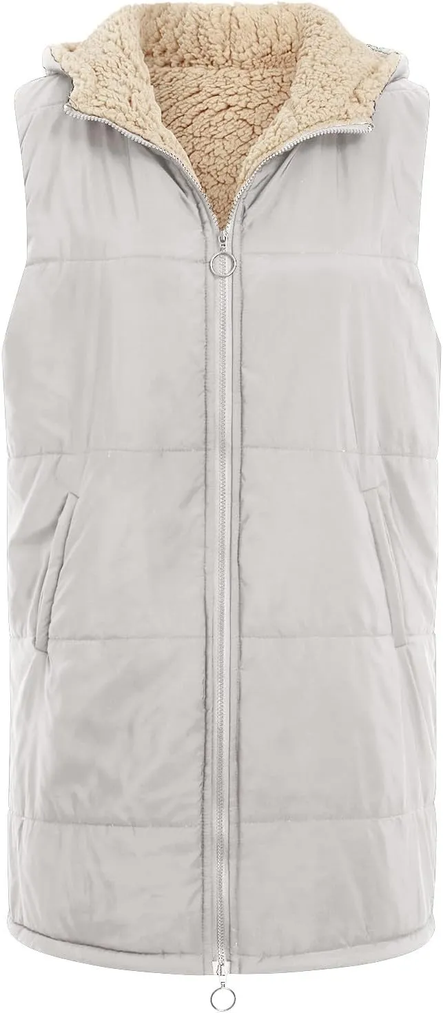 Womens 2024 Fall Fashion Reversible Vest Casual Sleeveless Lined Fleece Jacket Gilet Long Zip Up Warm Coat with Pocket