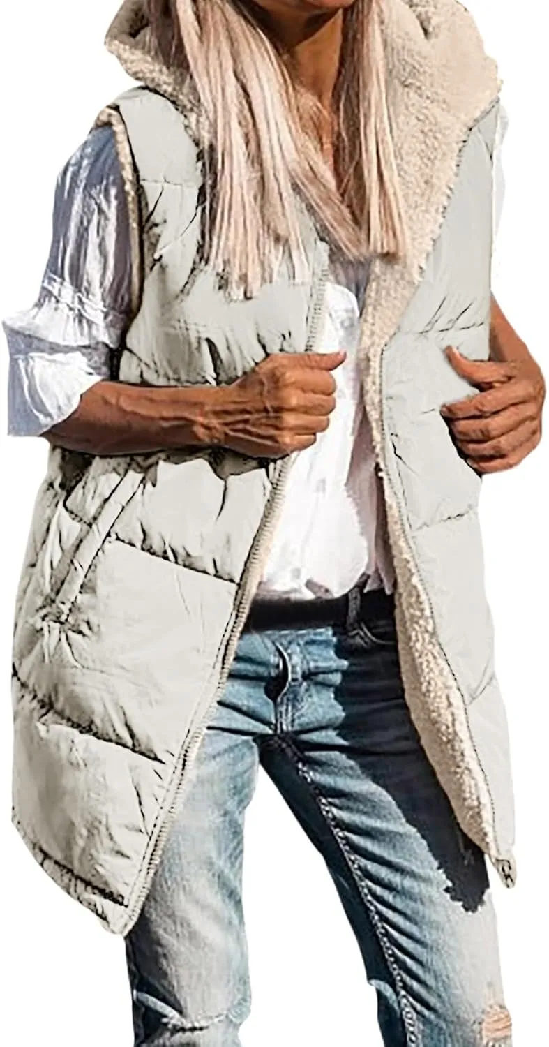 Womens 2024 Fall Fashion Reversible Vest Casual Sleeveless Lined Fleece Jacket Gilet Long Zip Up Warm Coat with Pocket