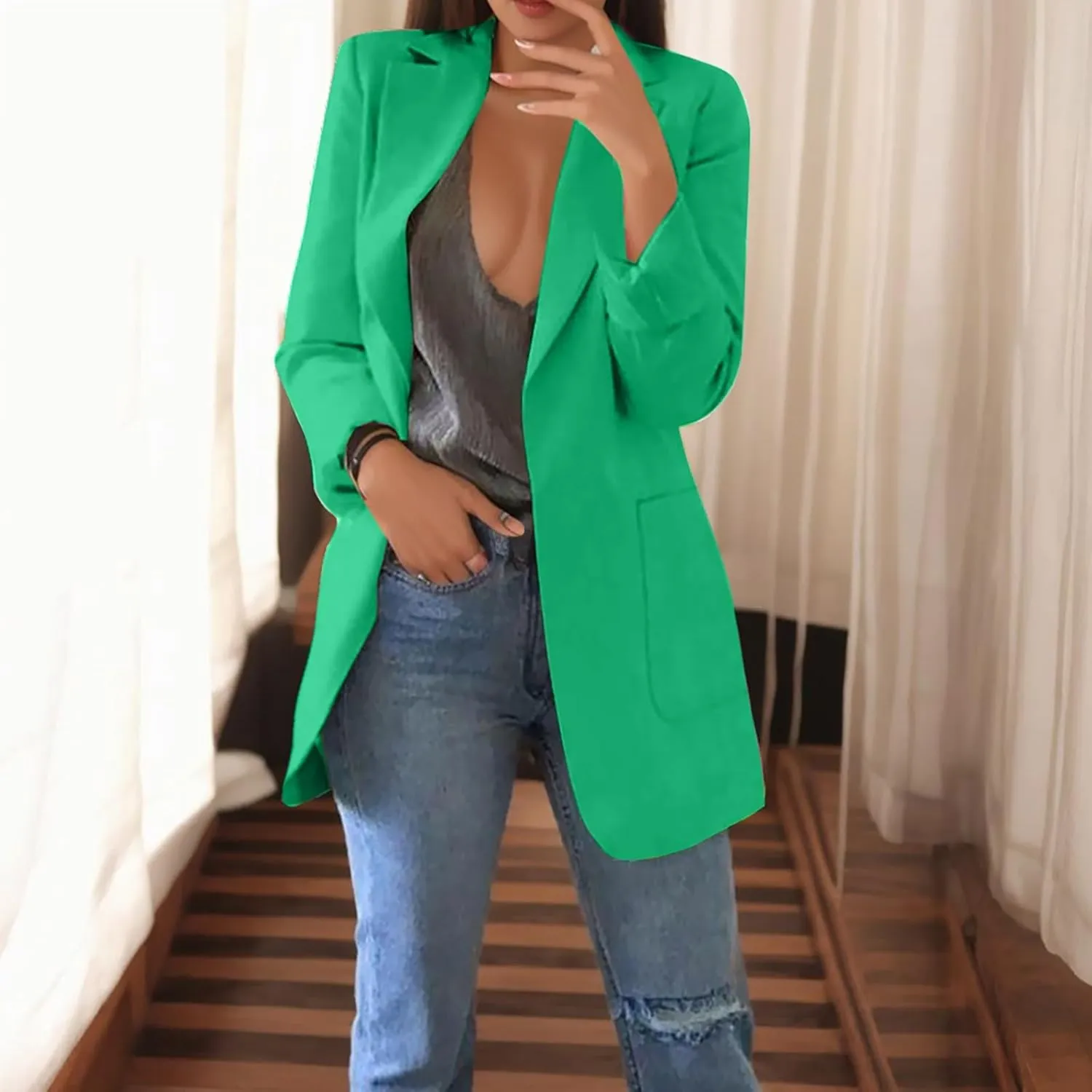 Womens 2024 Fashion Solid Overcoat Open Front Long Sleeve Outwear Lightweight Loose Oversized Jacket Coat Work Clothes