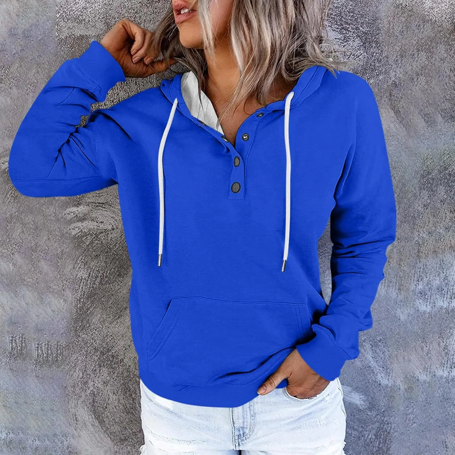 Womens 2024 Hooded Casual Button Collar Drawstring Hoodies Fall Fashion Plain Tunic Hoodies Sweatshirts