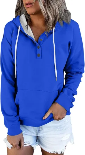 Womens 2024 Hooded Casual Button Collar Drawstring Hoodies Fall Fashion Plain Tunic Hoodies Sweatshirts