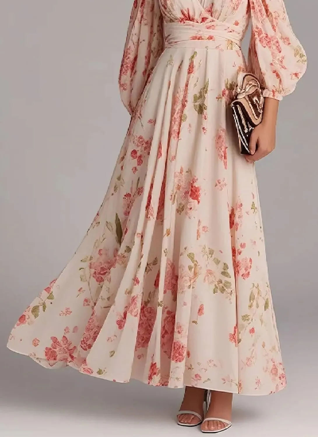 Women's 2025 Summer Maxi Dress Pink Floral Lantern Long Sleeve Casual Dresses Flowy Cross V Neck Boho Beach Long Dress
