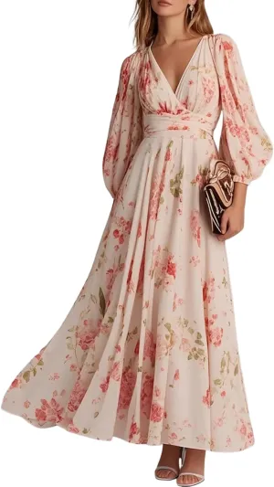 Women's 2025 Summer Maxi Dress Pink Floral Lantern Long Sleeve Casual Dresses Flowy Cross V Neck Boho Beach Long Dress