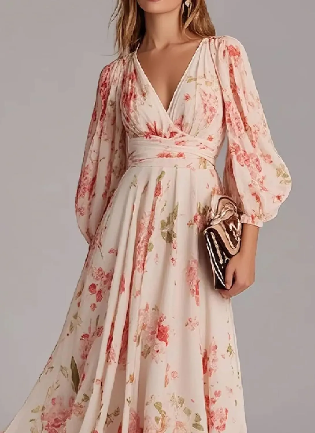 Women's 2025 Summer Maxi Dress Pink Floral Lantern Long Sleeve Casual Dresses Flowy Cross V Neck Boho Beach Long Dress