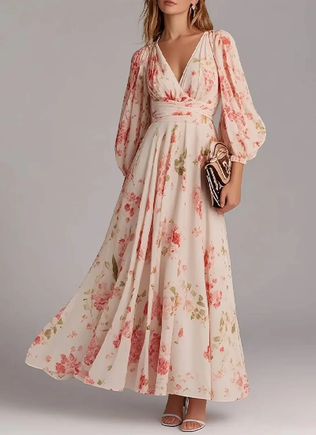 Women's 2025 Summer Maxi Dress Pink Floral Lantern Long Sleeve Casual Dresses Flowy Cross V Neck Boho Beach Long Dress
