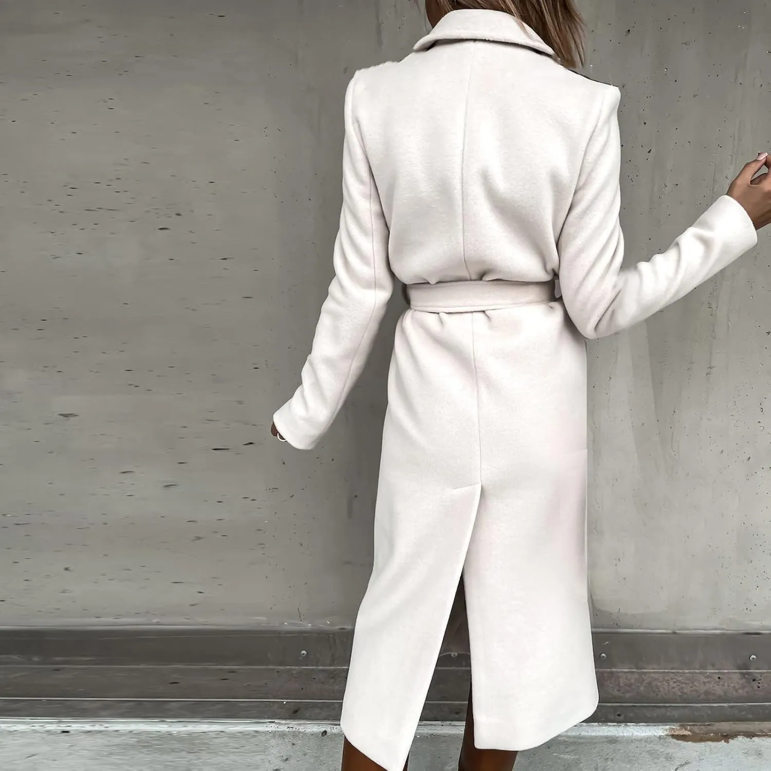 Women's 3/4 Length Trench Coat with Belt Winter Open Front Woolen Jacket Long Cardigan Notch Lapel Outwear