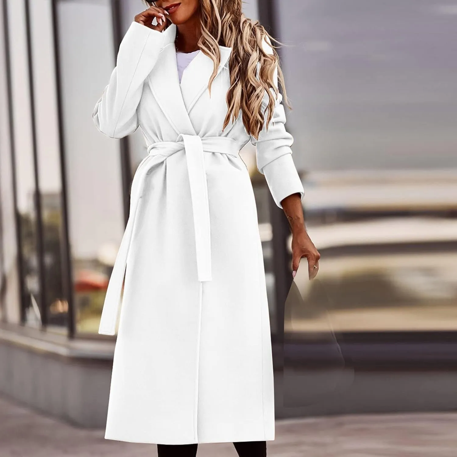 Women's 3/4 Length Trench Coat with Belt Winter Open Front Woolen Jacket Long Cardigan Notch Lapel Outwear