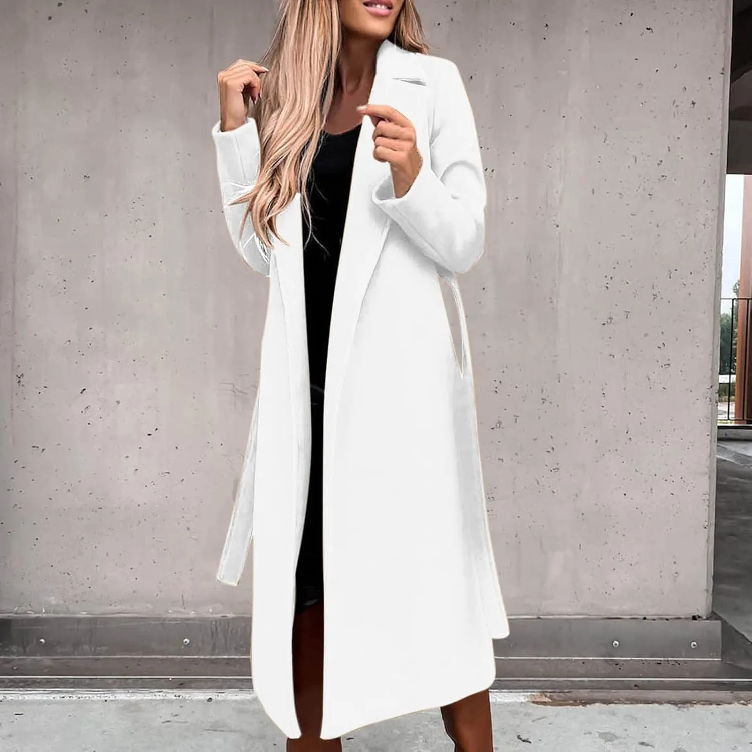 Women's 3/4 Length Trench Coat with Belt Winter Open Front Woolen Jacket Long Cardigan Notch Lapel Outwear