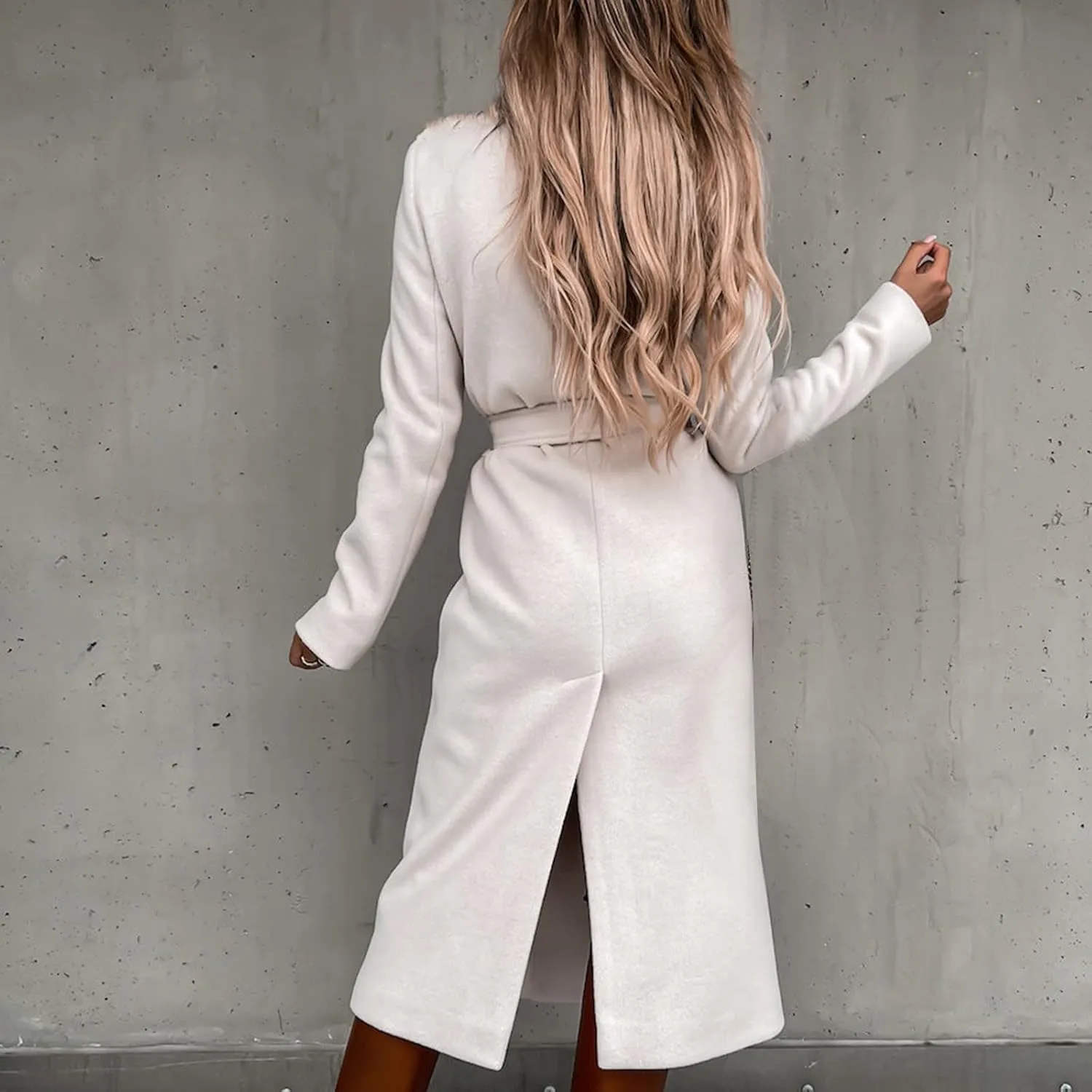 Women's 3/4 Length Trench Coat with Belt Winter Open Front Woolen Jacket Long Cardigan Notch Lapel Outwear