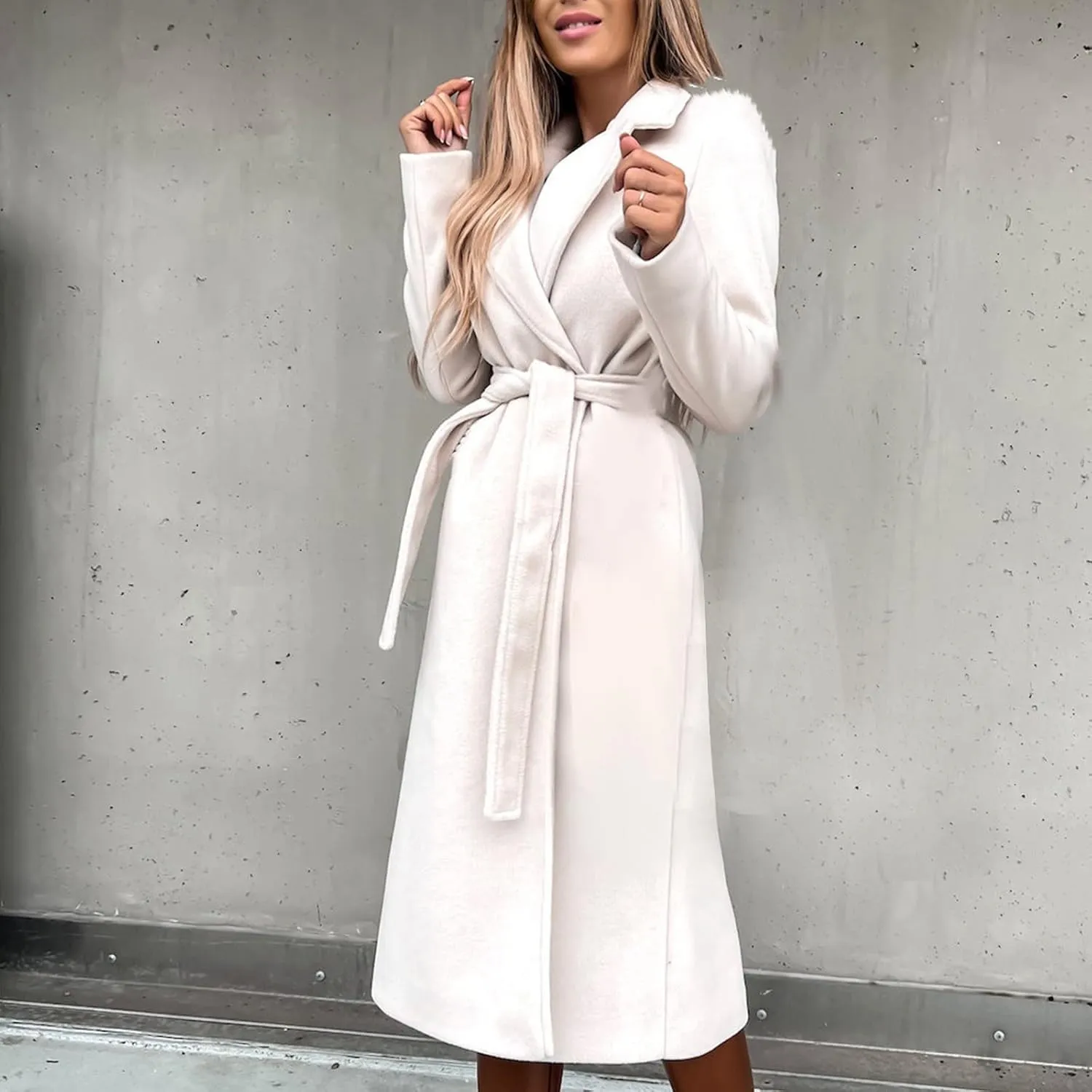 Women's 3/4 Length Trench Coat with Belt Winter Open Front Woolen Jacket Long Cardigan Notch Lapel Outwear