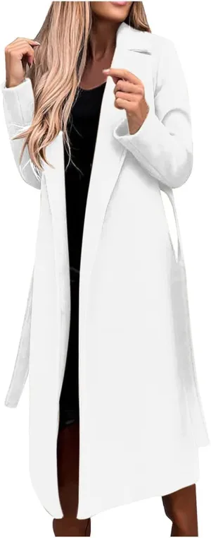 Women's 3/4 Length Trench Coat with Belt Winter Open Front Woolen Jacket Long Cardigan Notch Lapel Outwear