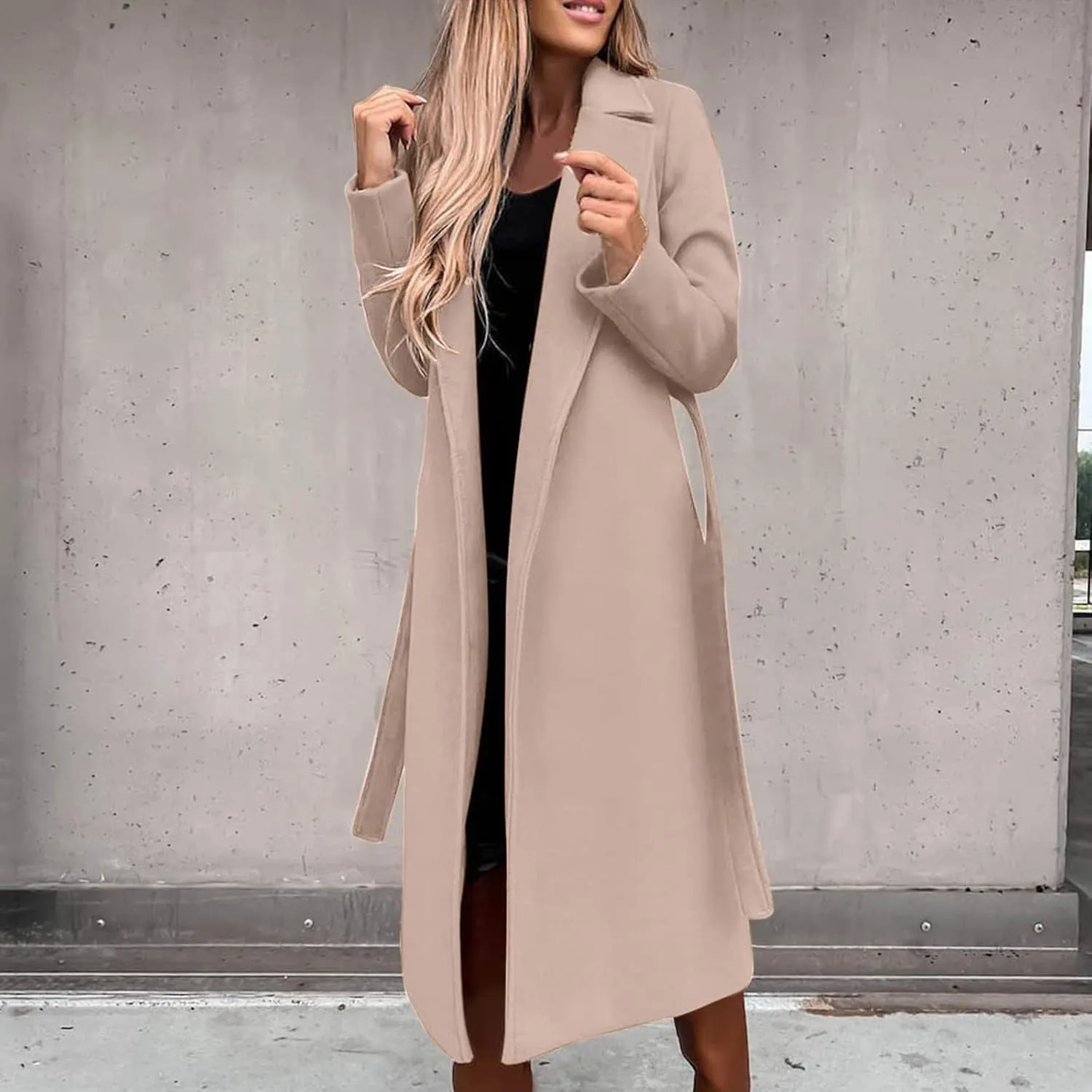Women's 3/4 Length Trench Coat with Belt Winter Open Front Woolen Jacket Long Cardigan Notch Lapel Outwear