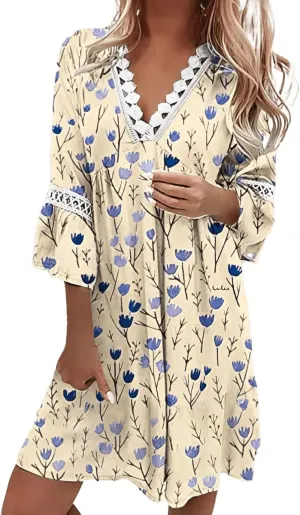 Women's Boho Floral Lace V-Neck Dress, 3/4 Sleeve Mini Beach Sundress, Flowy Swing Hawaiian Print for Summer 2024