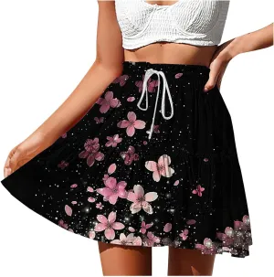 Womens Boho Floral Skirts Pleated Ruffle Tiered High Waisted Drawstring Summer Beach Vacation Mini Skirts