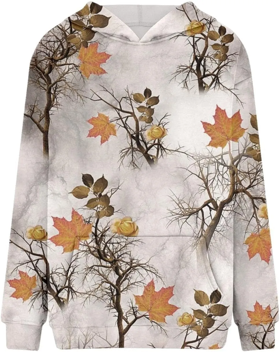 Womens Camo Hoodies Maple Leaf Print Hooded Camo Sweatshirt Oversized Long Sleeve Pullover Sweatshirts for Women