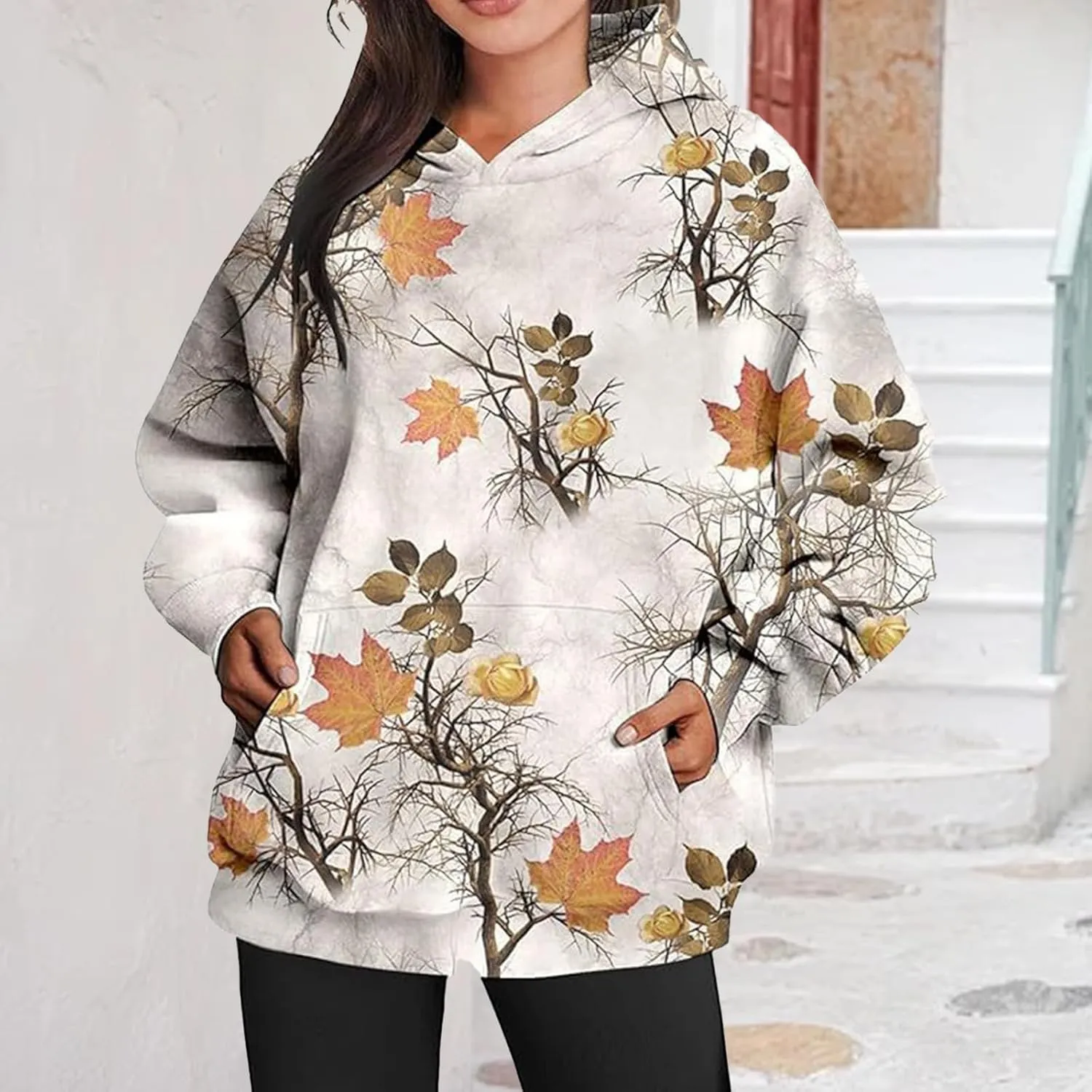 Womens Camo Hoodies Maple Leaf Print Hooded Camo Sweatshirt Oversized Long Sleeve Pullover Sweatshirts for Women
