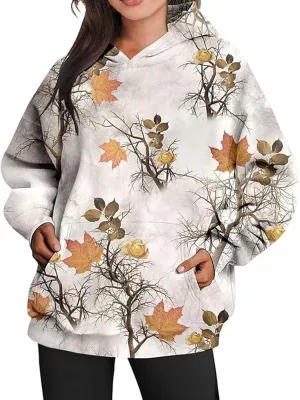 Womens Camo Hoodies Maple Leaf Print Hooded Camo Sweatshirt Oversized Long Sleeve Pullover Sweatshirts for Women